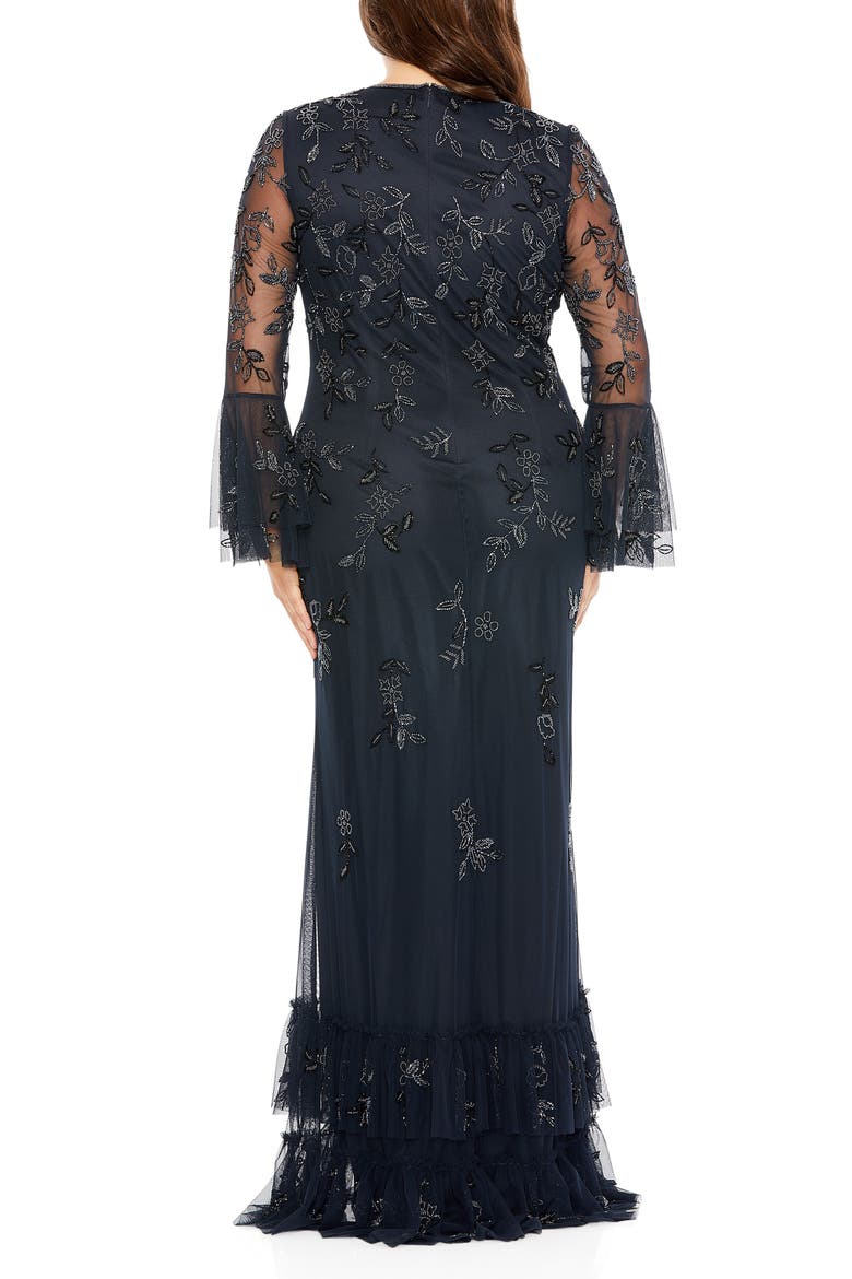 V-Neck Embellished Flutter Tiered Long Sleeve Gown, Alternate, color, MIDNIGHT
