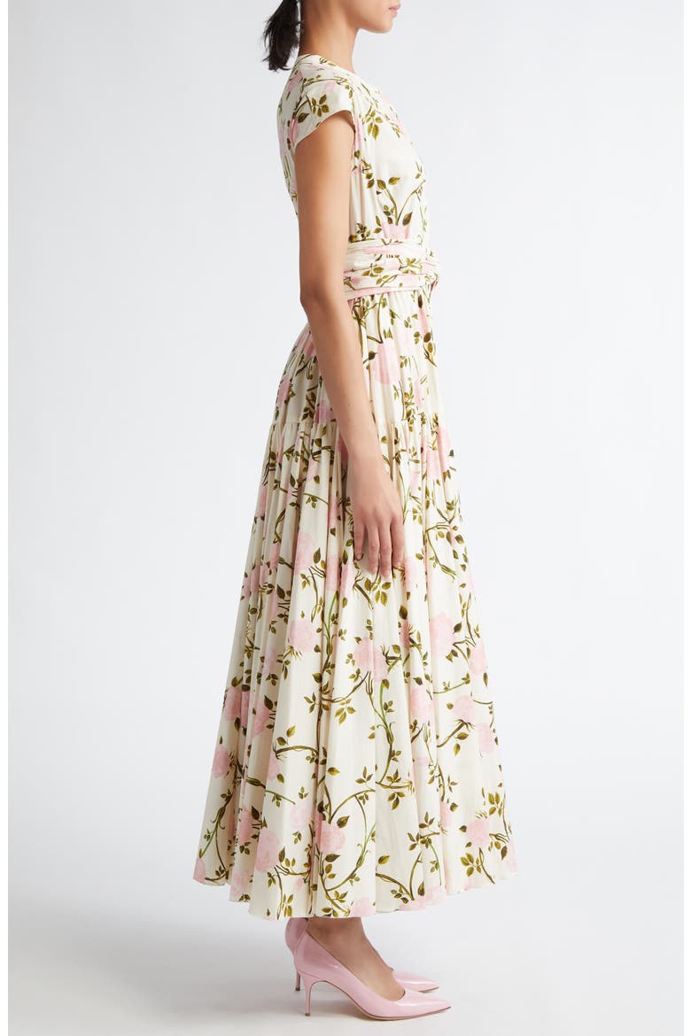 Rose Print Gathered Waist Midi Dress, Alternate, color, IVORY/ MULTI