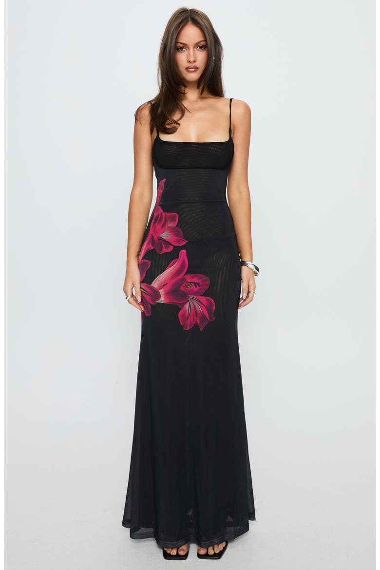 Fiadora Open Back Semisheer Mesh Maxi Dress, Alternate, color, BLACK FLORAL