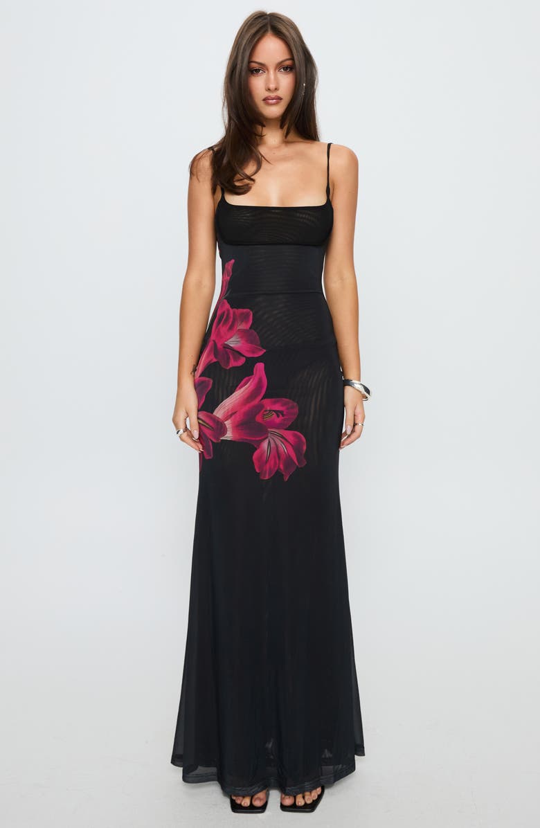 Princess Polly Fiadora Open Back Semisheer Mesh Maxi Dress, Alternate, color, Black Floral