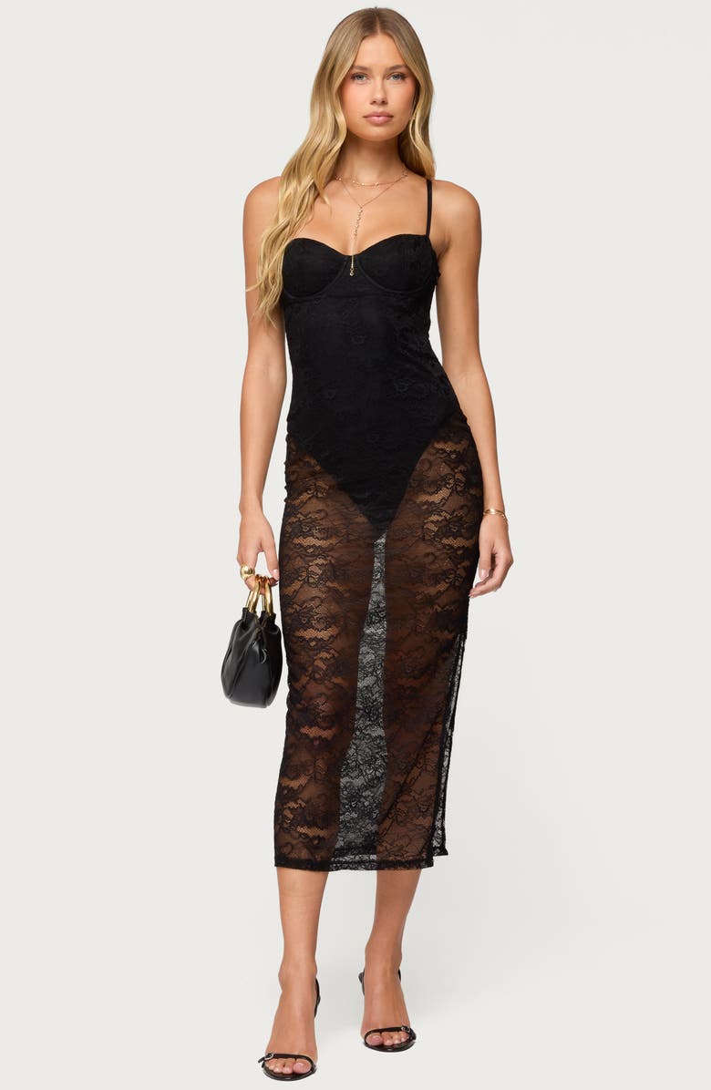 EDIKTED Sheer Lace Midi Body-Con Dress, Alternate, color, Black