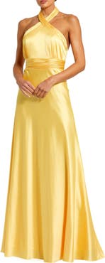 Mac Duggal Ruched Halter Neck Tie Back Satin Gown