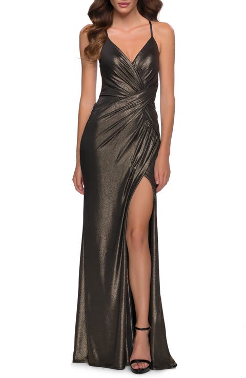Spaghetti Strap Metallic Jersey Gown