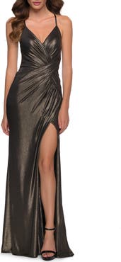 La Femme Spaghetti Strap Metallic Jersey Gown