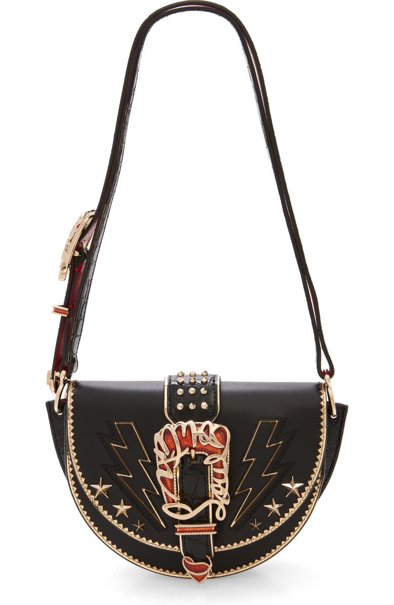Christian Louboutin Giddy Saddle Croc Embossed Leather Crossbody Bag, Main, color, Cm53 Black/ Black