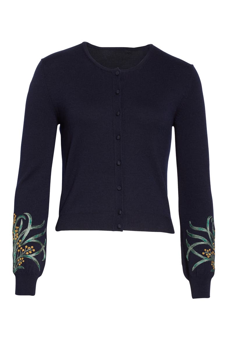 Mimosa Stems Embroidered Wool Cardigan, Alternate, color, NAVY