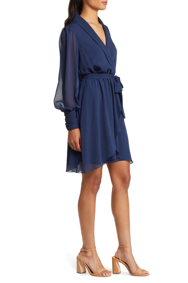 Long Sleeve Chiffon Faux Wrap Dress, Alternate, color, NAVY