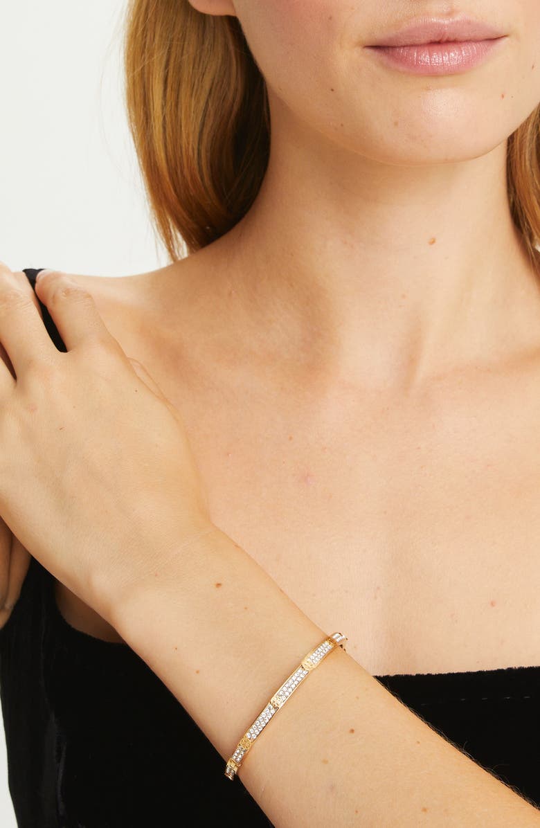 Tory Burch Thin Icon Pave Hinge Bracelet, Alternate, color, Tory Gold / Crystal