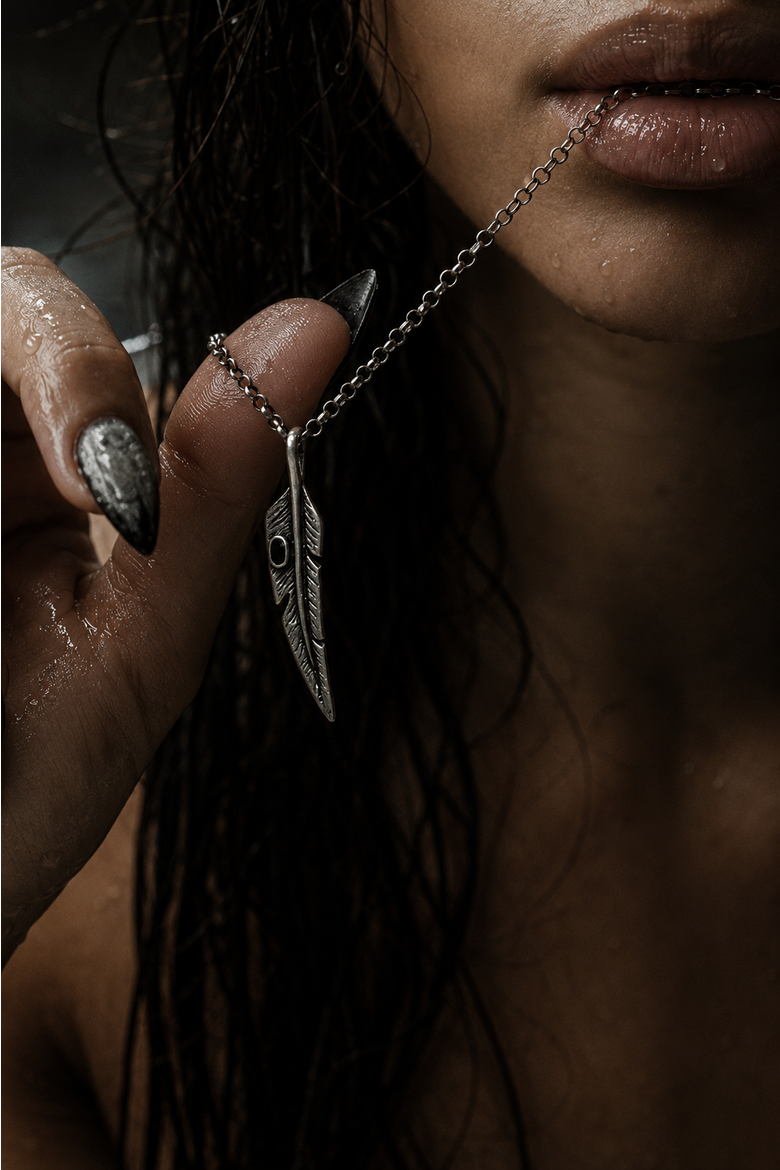 Feather with Onyx Silver Necklace, Alternate, color, Onyx