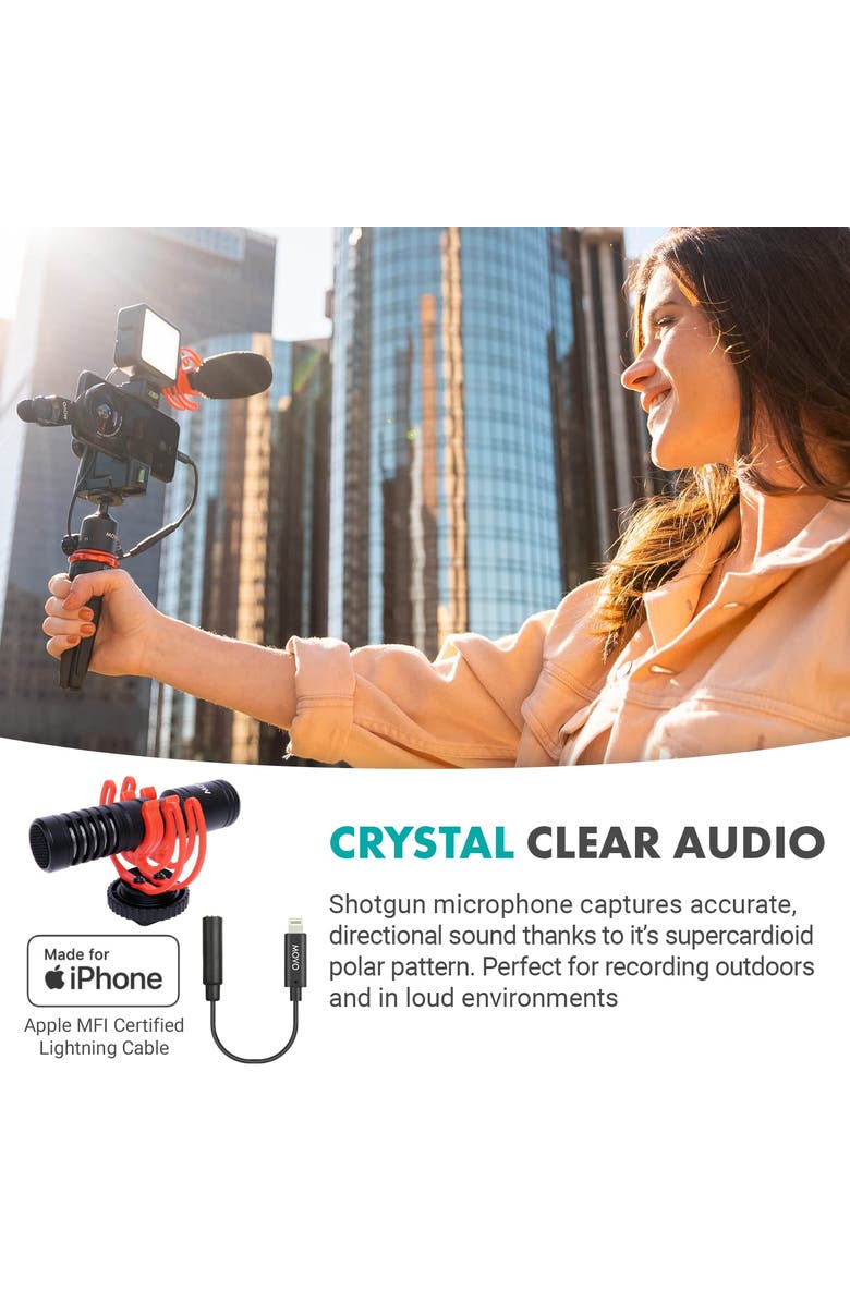 MOVO iVlog1 Vlogging Kit for iPhone with Shotgun Mic, LED Light, Tabletop Tripod, Fullsize Tripod and More, Alternate, color, Black