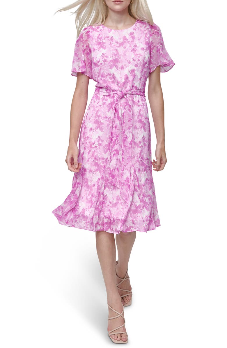 DKNY Floral Short Sleeve Godet Chiffon Midi Dress, Main, color, 