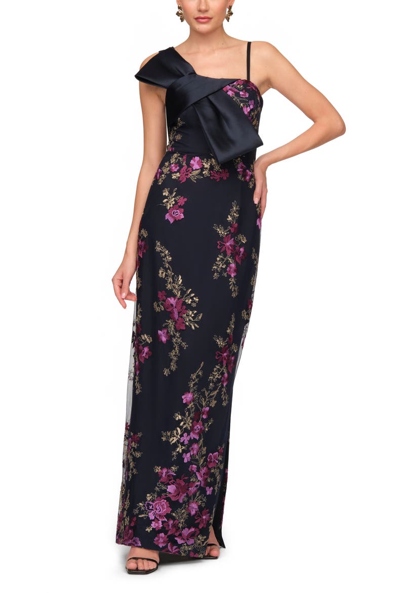 Piper Bow Embroidered Evening Gown, Alternate, color, MAGENTA/ NAVY