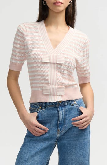 Nvlt Bow Stripe Short Sleeve Cotton Blend Sweater In Blush/marshmallow Stripe