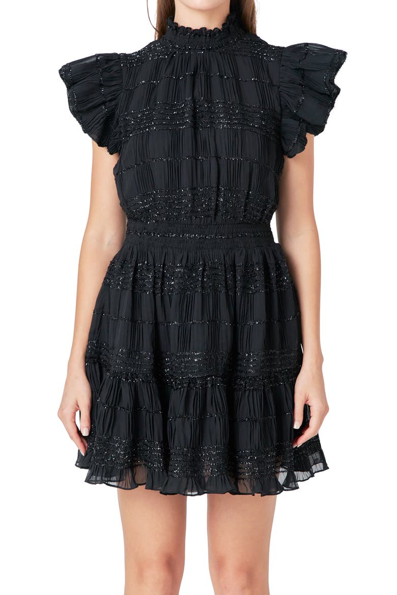 Metallic Ruffle Smocked Chiffon Minidress, Alternate, color, BLACK