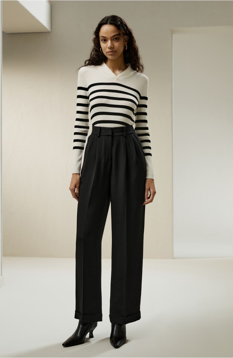 Lilysilk Women's Striped Ultra-fine Merino Wool Sweater, Alternate, color, White With Black Stripes