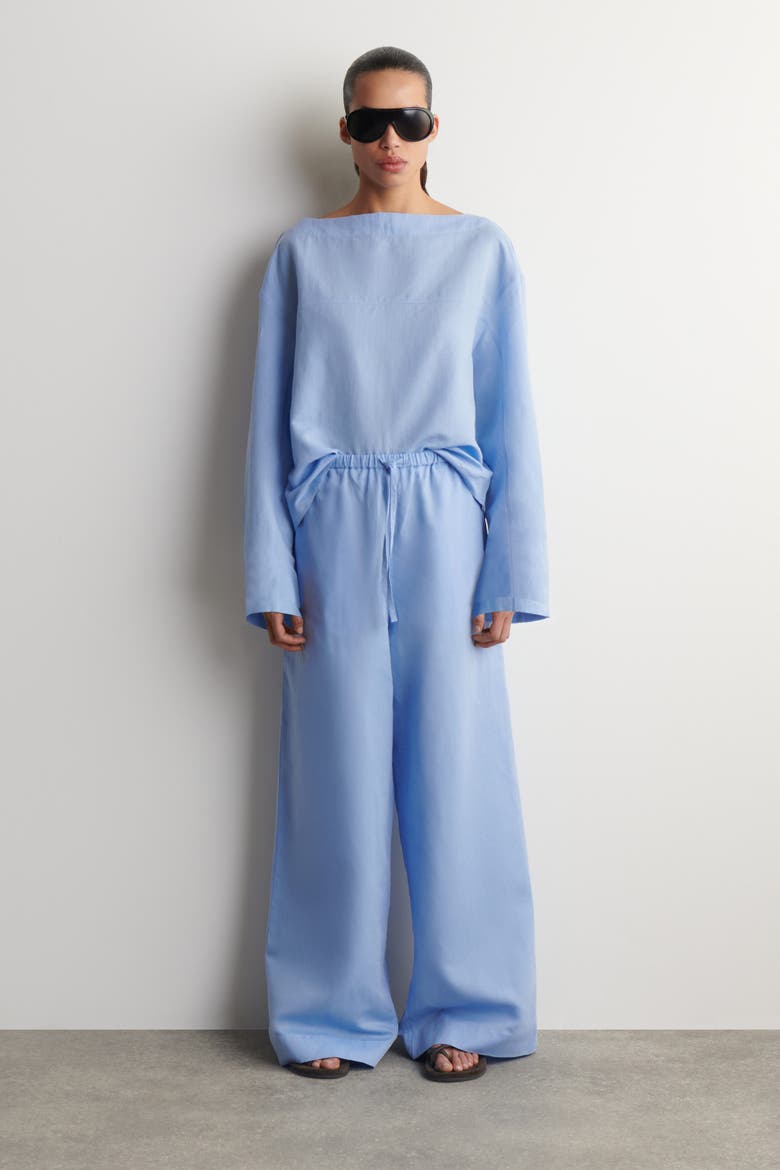 Wide-leg Linen Drawstring Trousers, Main, color, LIGHT BLUE