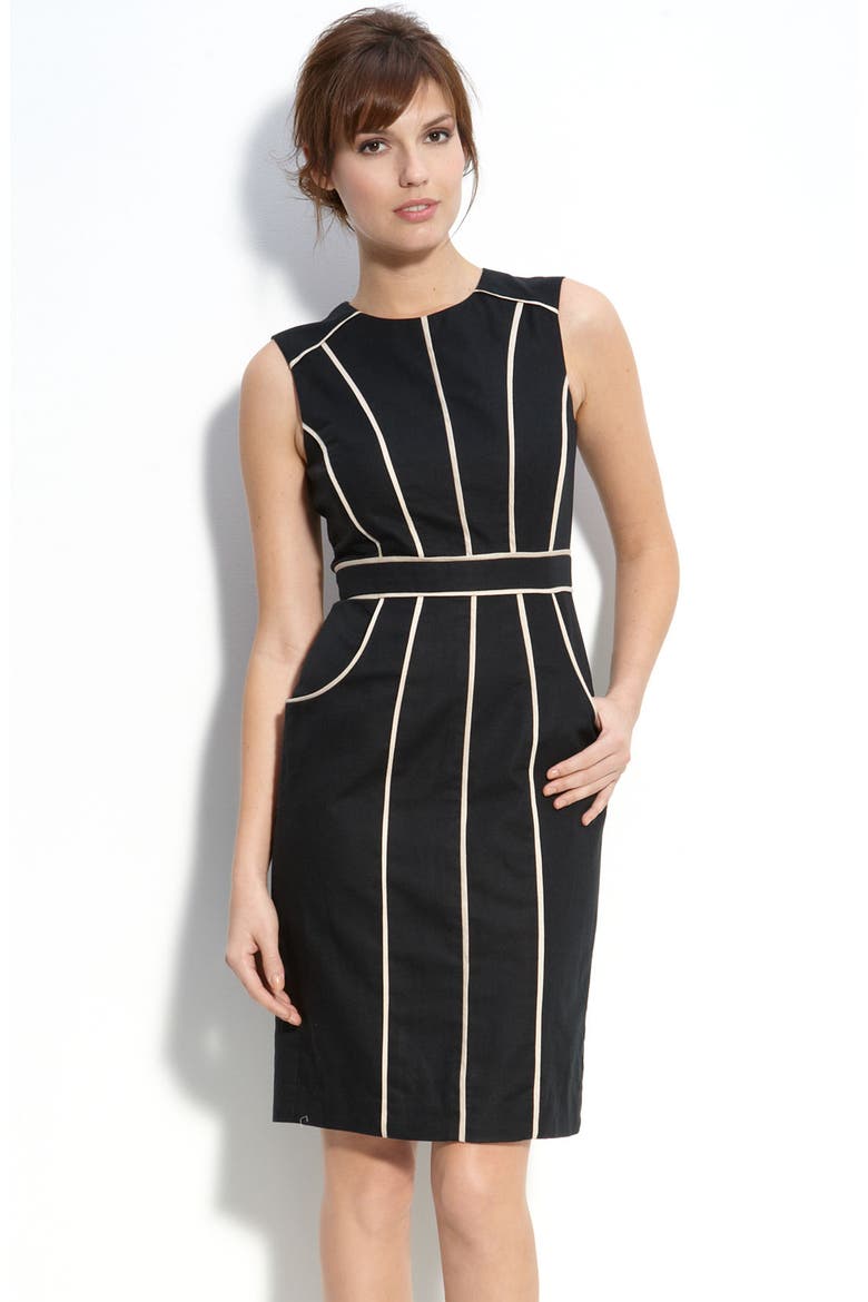 Contrast Piping Linen Blend Sheath Dress, Main, color, BLACK/ SAND