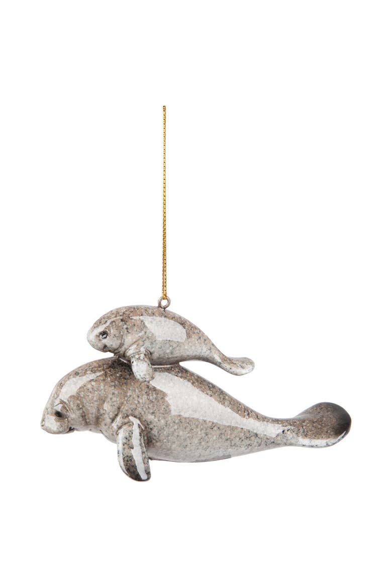 Cozumel Mom & Baby Manatee Christmas Xmas Ornament, Main, color, Gray