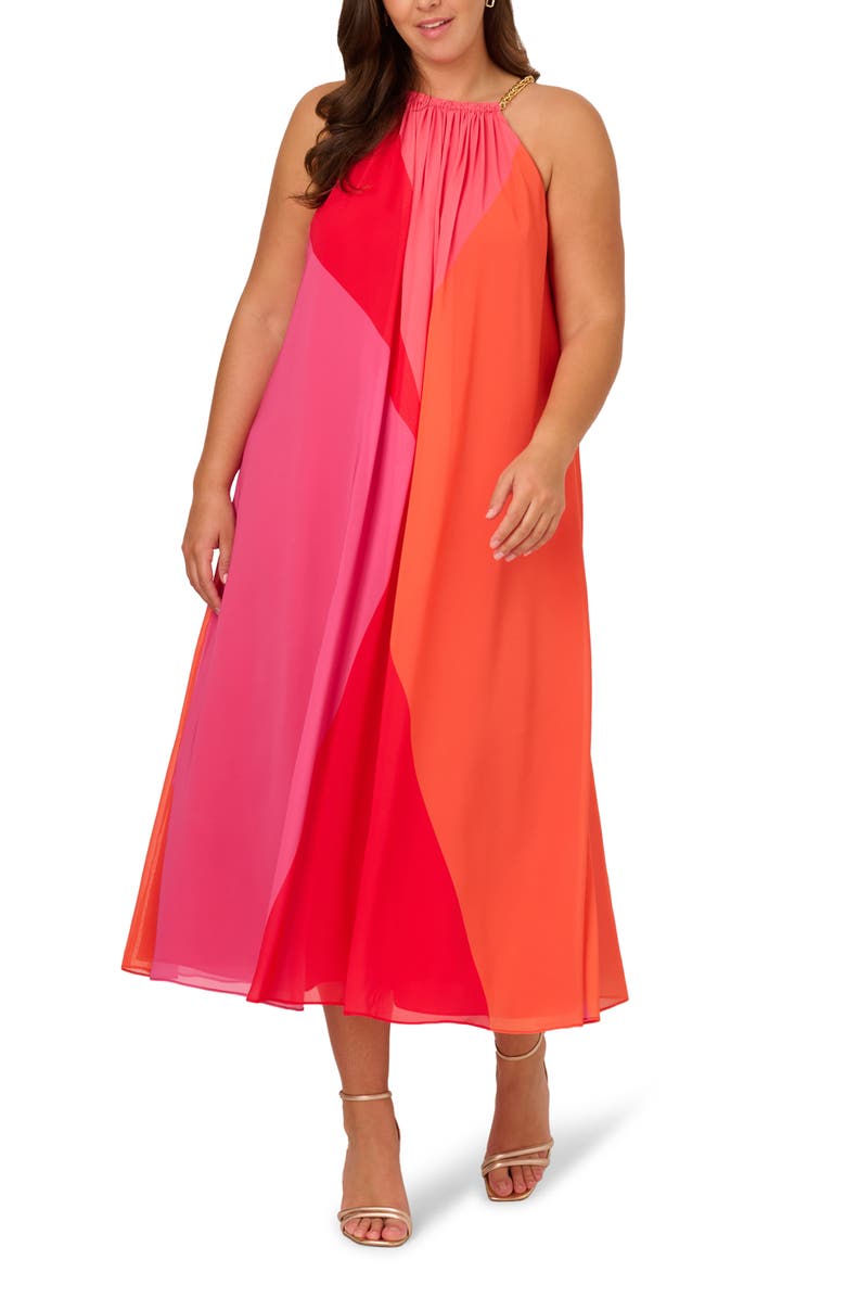 Adrianna Papell Chain Trim Colorblock Chiffon Midi Trapeze Dress, Main, color, 