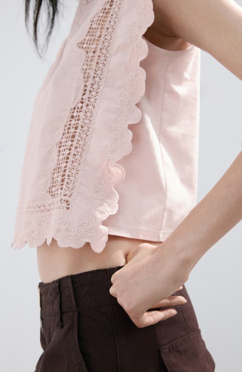 MANGO Embroidered Scalloped Trim Crop Cotton Blend Top, Alternate, color, Pastel Pink