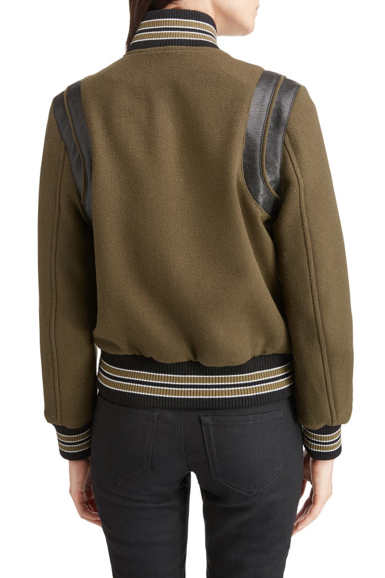 Leather Trim Classic Teddy Jacket, Alternate, color, KHAKI/ BLACK