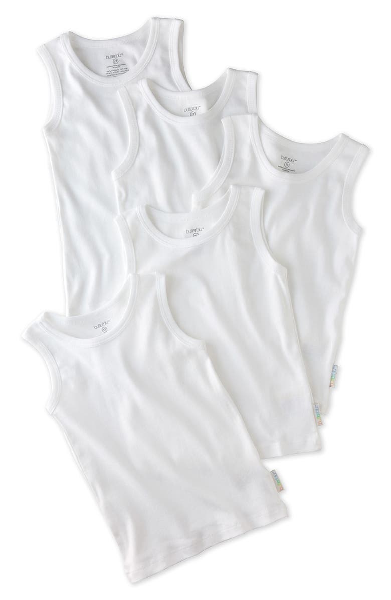 BUTTERBLU Kids' Malone Organic Cotton Assorted 5-Pack Muscle Tanks, Main, color, White