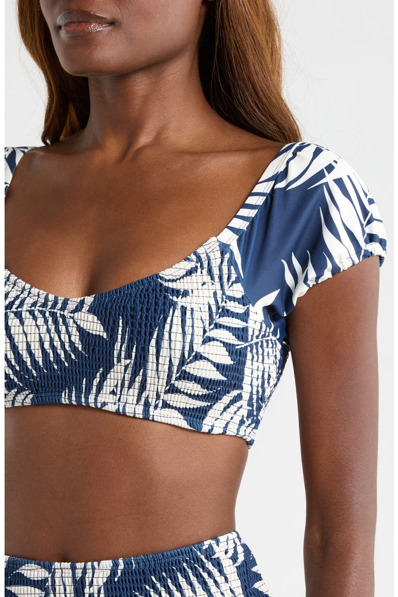 Smocked Puff Sleeve Bikini Top, Alternate, color, NAVY PARADISE FOLIAGE