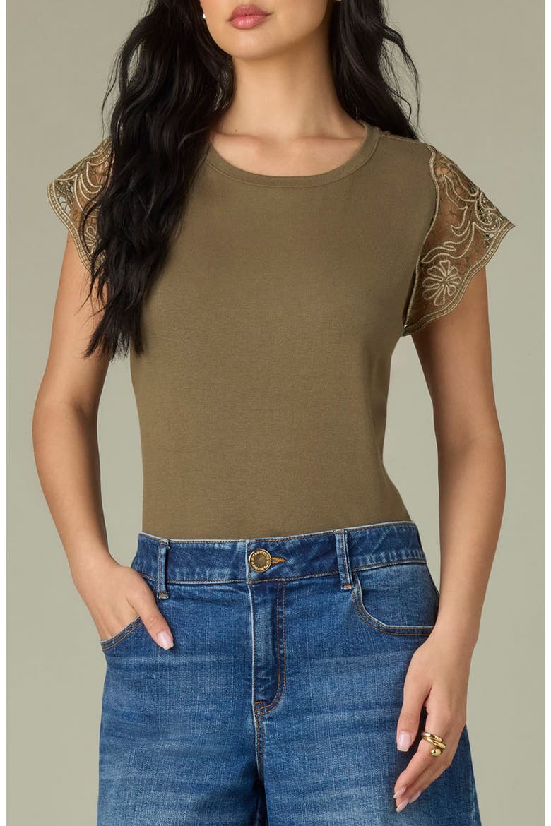 Crochet Trim Top, Main, color, OLIVE DRAB/ PALE OAK