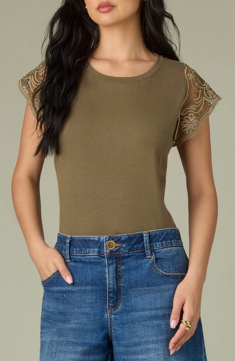 Wit & Wisdom Crochet Trim Top, Main, color, Olive Drab/ Pale Oak