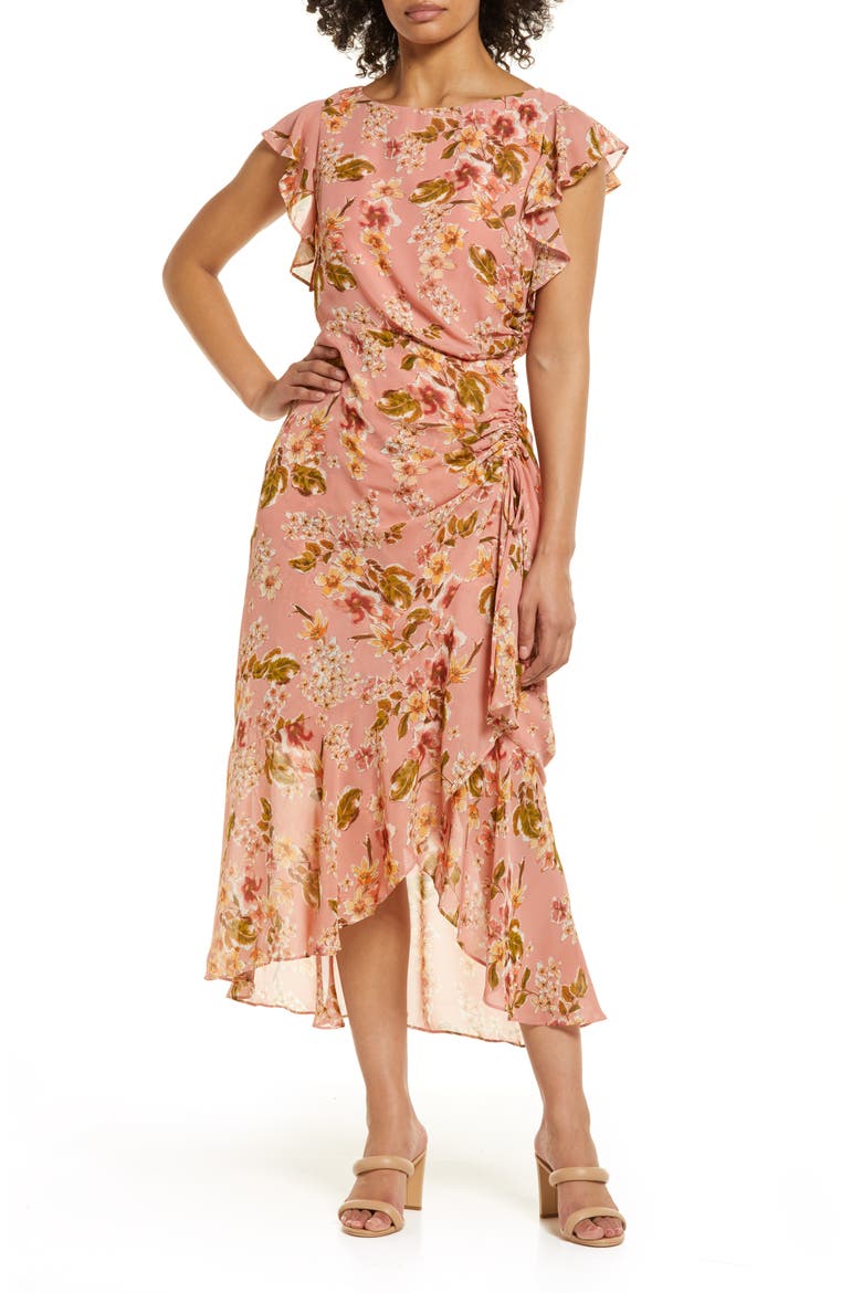 Floral Print Flutter Sleeve Midi Dress, Main, color, BLUSH MULTI