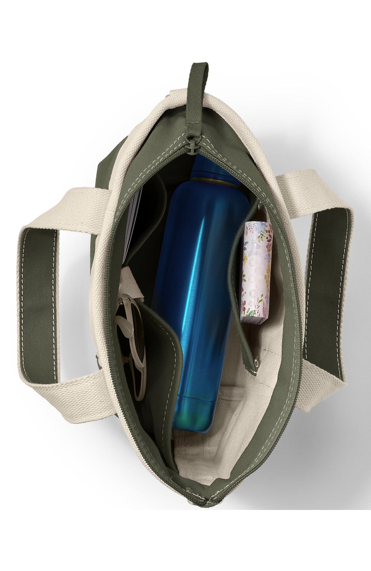 Lands' End Zip Top Canvas Tote Bag, Alternate, color, Natural/Dark Olive Green