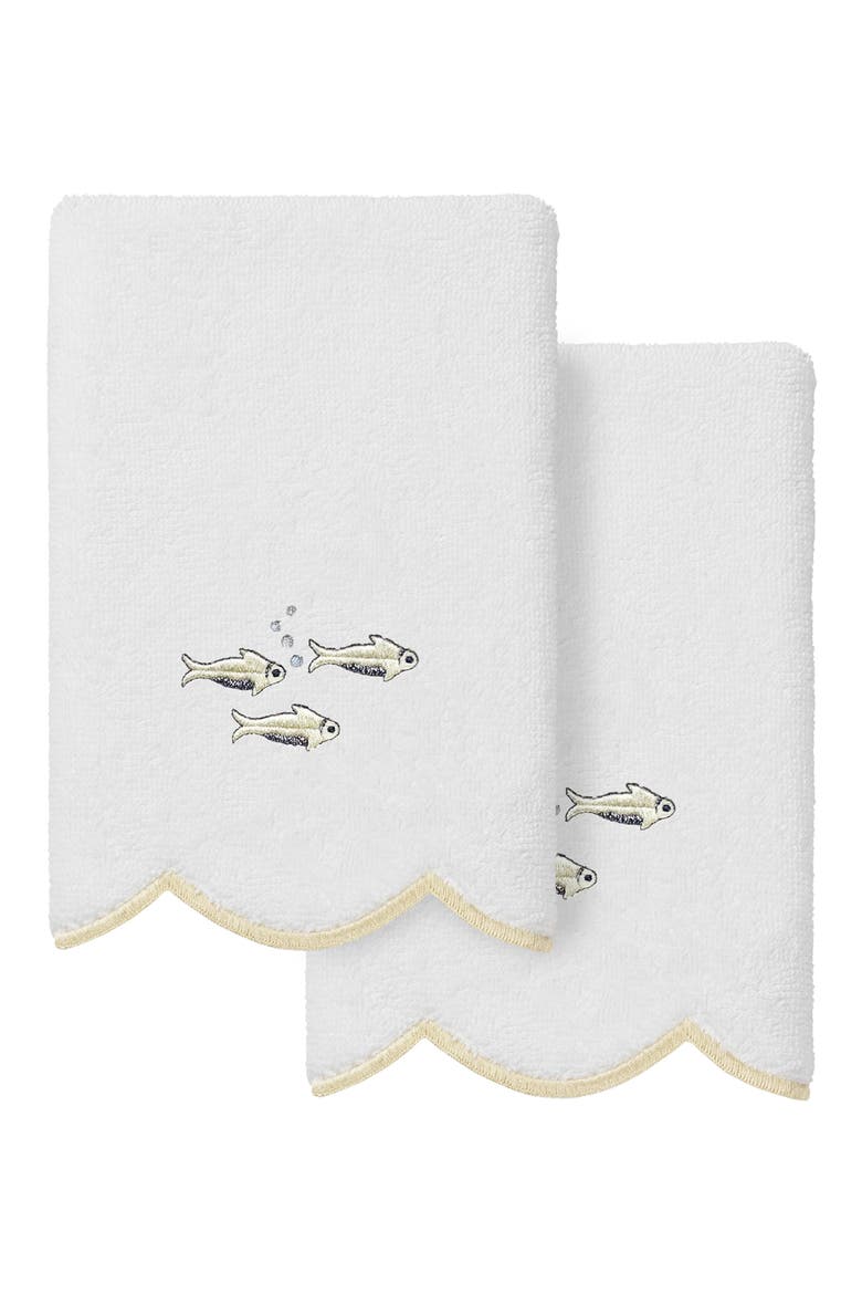 2-Piece Fish School Embroidered Turkish Cotton Fingertip Towel Set, Main, color, WHITE/ BEIGE