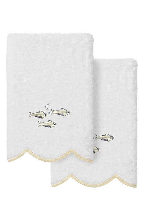 2-Piece Fish School Embroidered Turkish Cotton Fingertip Towel Set
