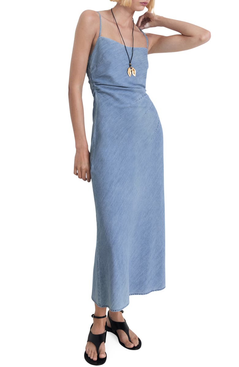 MANGO Draped Denim Maxi Dress, Main, color, Medium Blue