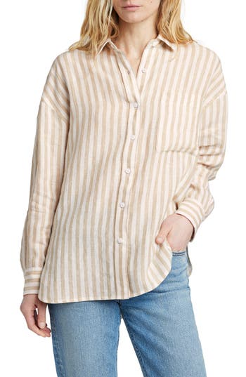 Faherty Laguna Linen Relaxed Shirt In Tan Lucy Stripe