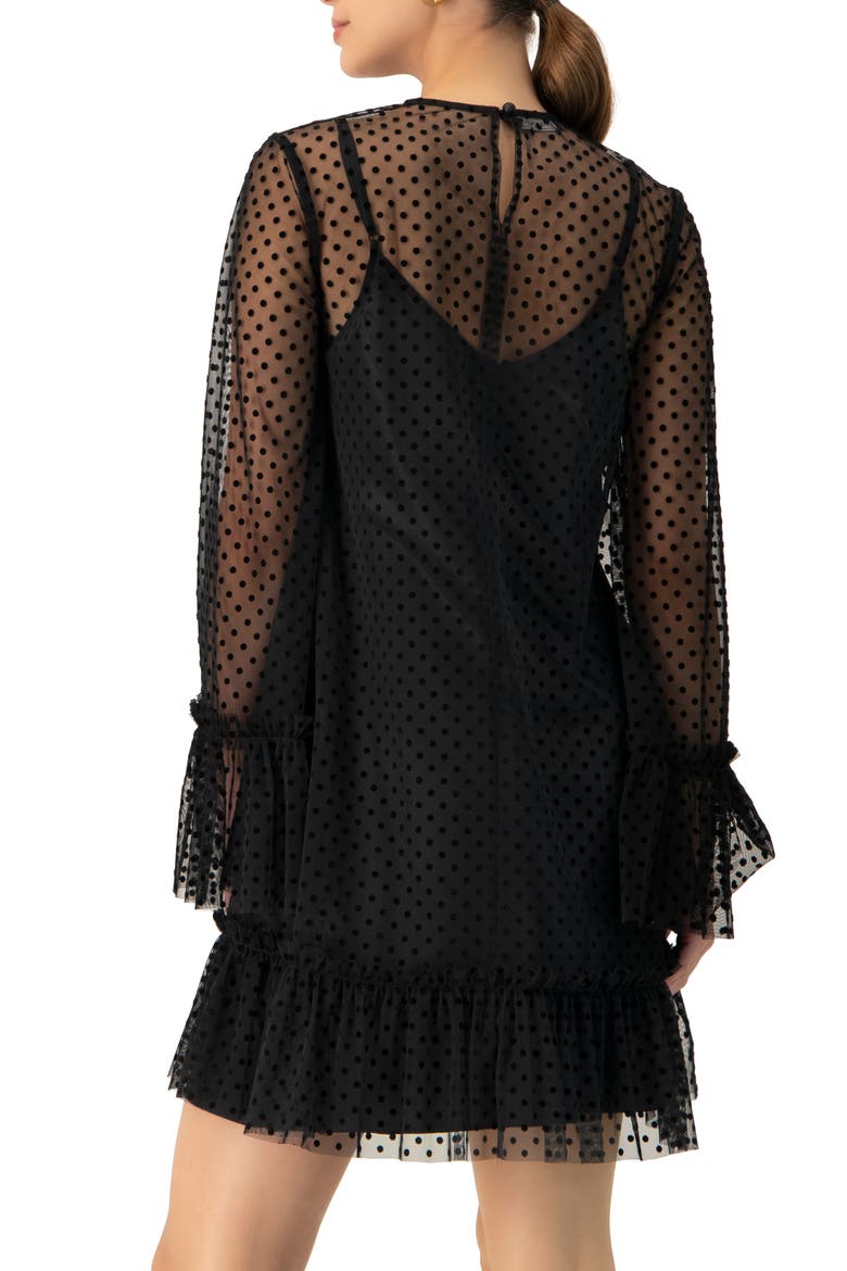 Flocked Polka Dot Short Dress with Wide Long Sleeves, Alternate, color, Black