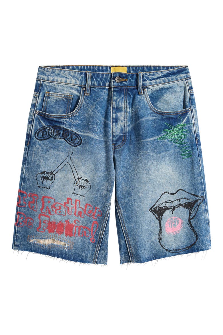 Doodle Distressed Raw Hem Denim Shorts, Main, color, INDIGO