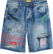 DIET STARTS MONDAY Doodle Distressed Raw Hem Denim Shorts