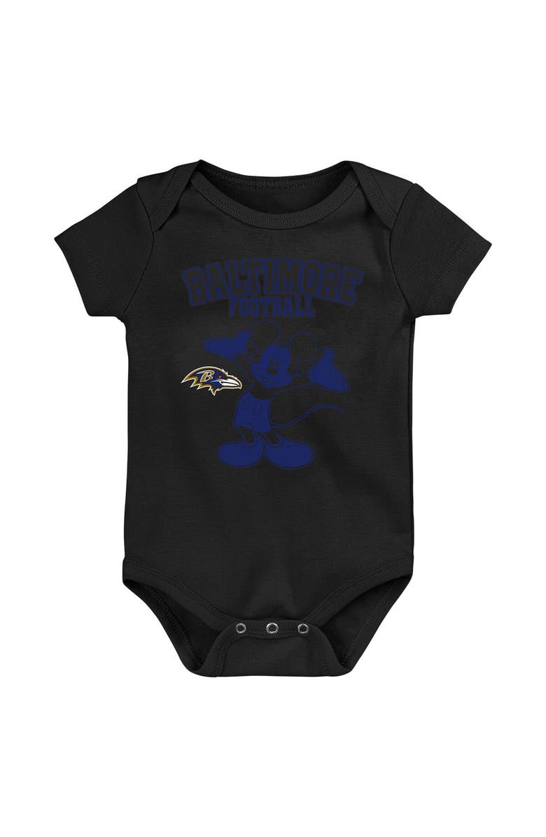Outerstuff Newborn & Infant Purple/Black/Gray Baltimore Ravens Three-Piece Disney Game Time Bodysuit Set, Alternate, color,