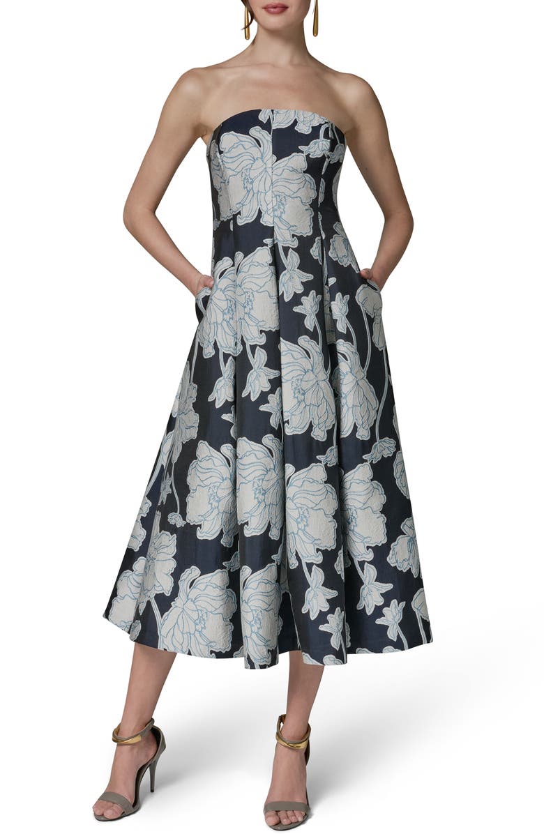 Donna Karan New York Floral Jacquard Strapless Dress, Alternate, color, Nightfall/ Cream