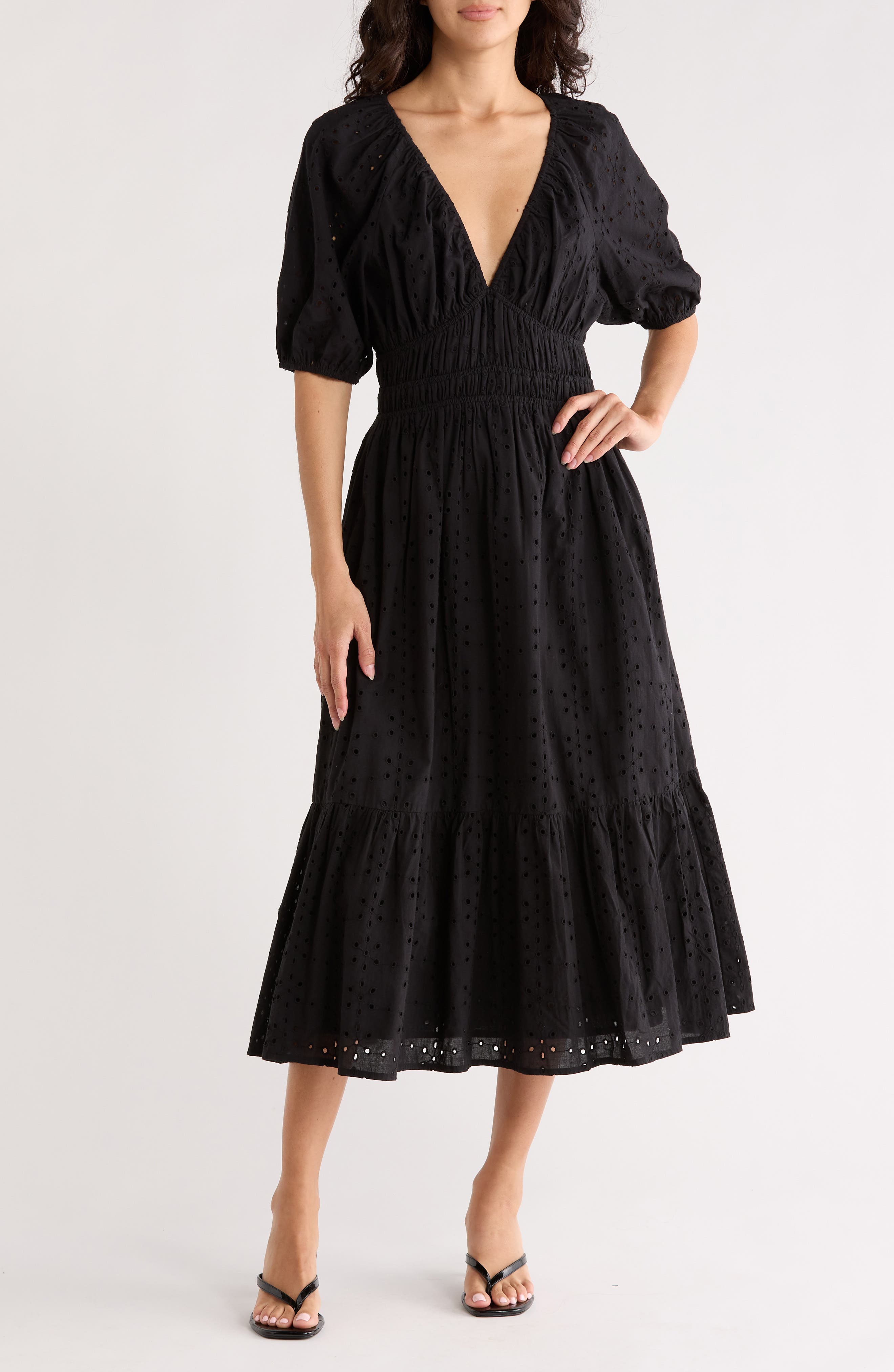NSR Eyelet Shirred Midi Dress
