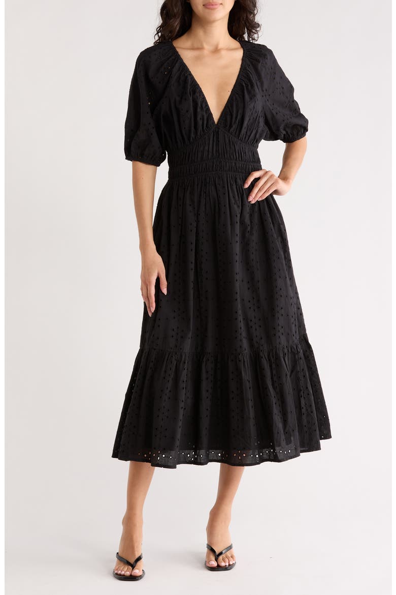 Eyelet Shirred Midi Dress, Main, color, BLACK