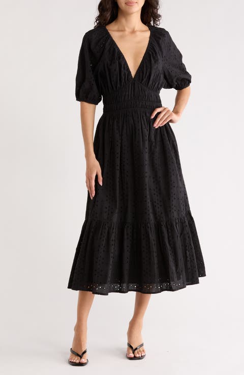 Eyelet Shirred Midi Dress
