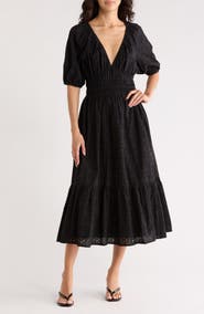 NSR Eyelet Shirred Midi Dress