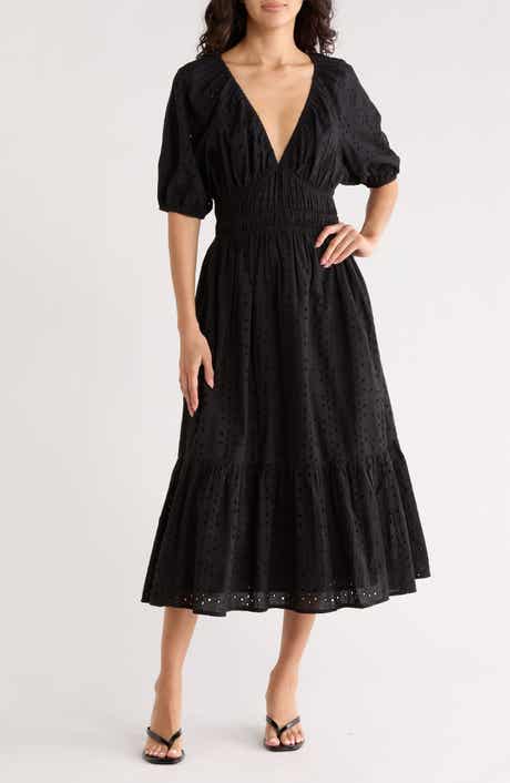 NSR Eyelet Shirred Midi Dress