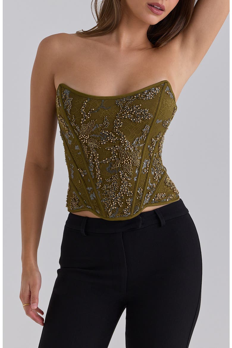 Calliope Embellished Lace Corset Top, Main, color, OLIVE