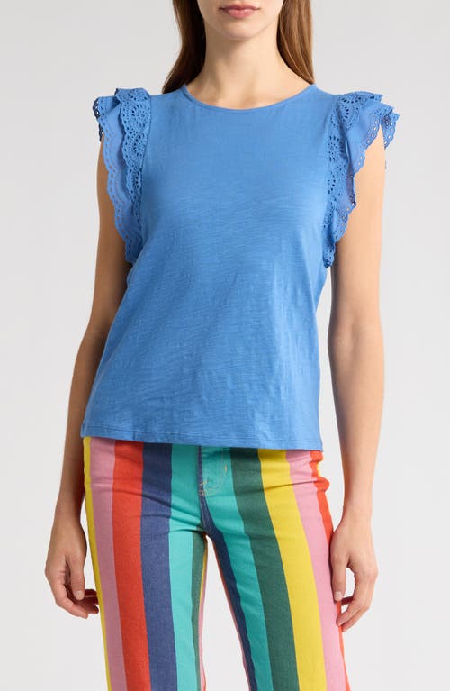 Shop Boden Eyelet Embroidered Flutter Sleeve Cotton Top In Blue
