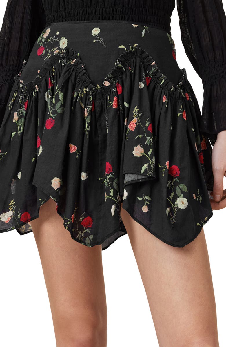 AllSaints Delilah Floral Cotton Asymmetric Miniskirt, Alternate, color, Briar Black