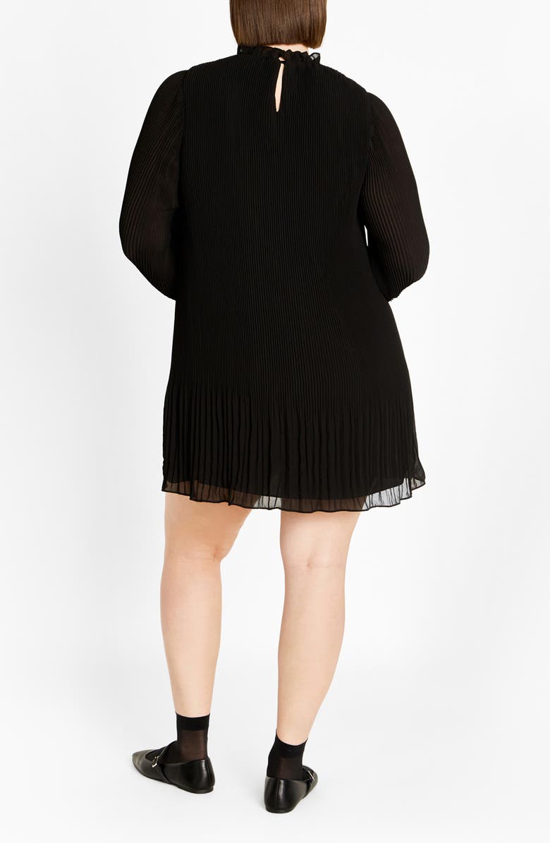 City Chic Solana Ruffle Long Sleeve Plissé Minidress, Alternate, color, Black