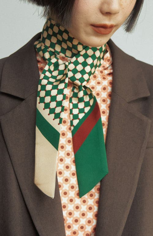 Lost Pattern Checkerboard Skinny Silk Scarf In Green